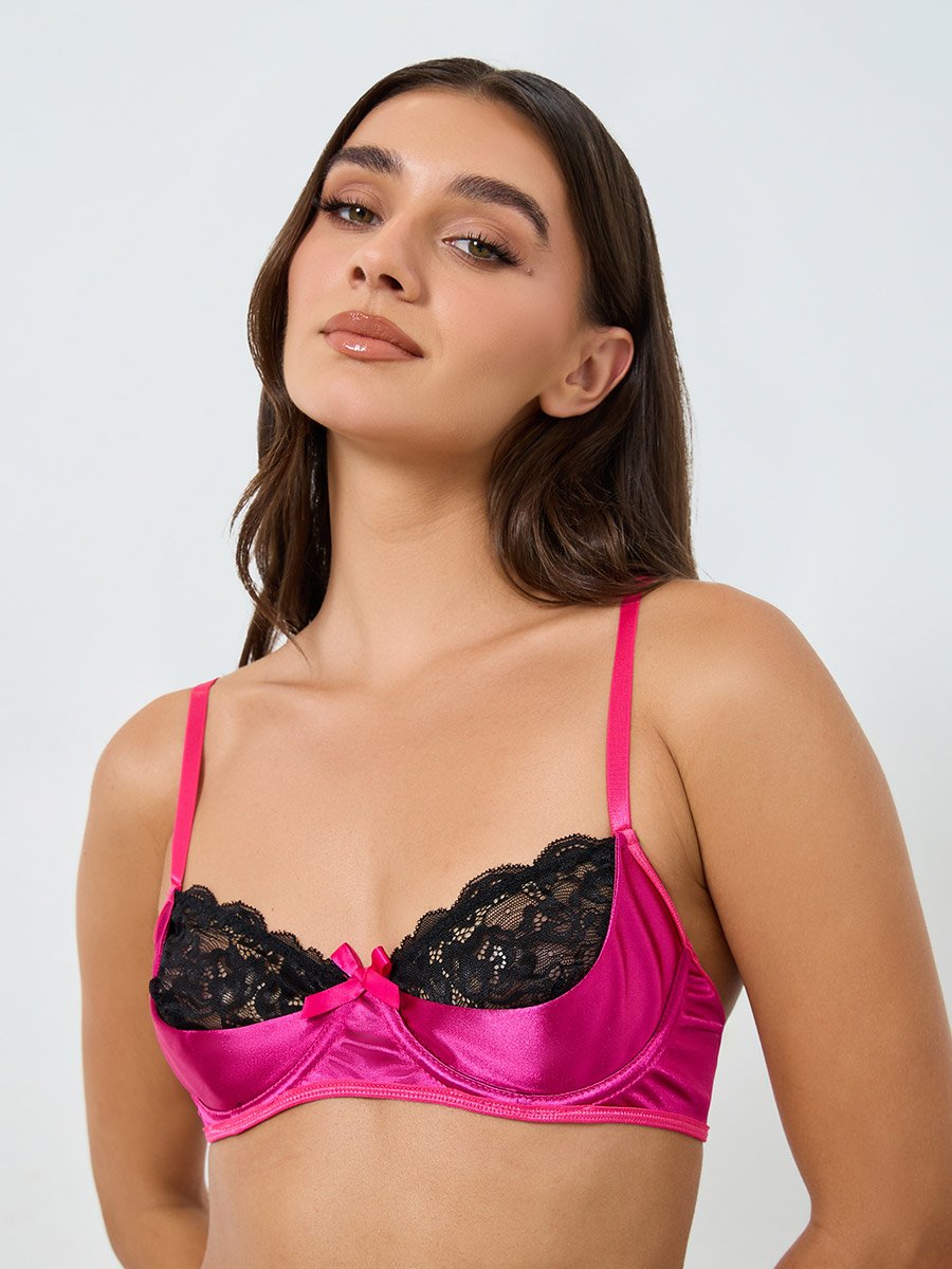 Contrast Lace Patchwork Non Padded Wired Bra with Brief Set