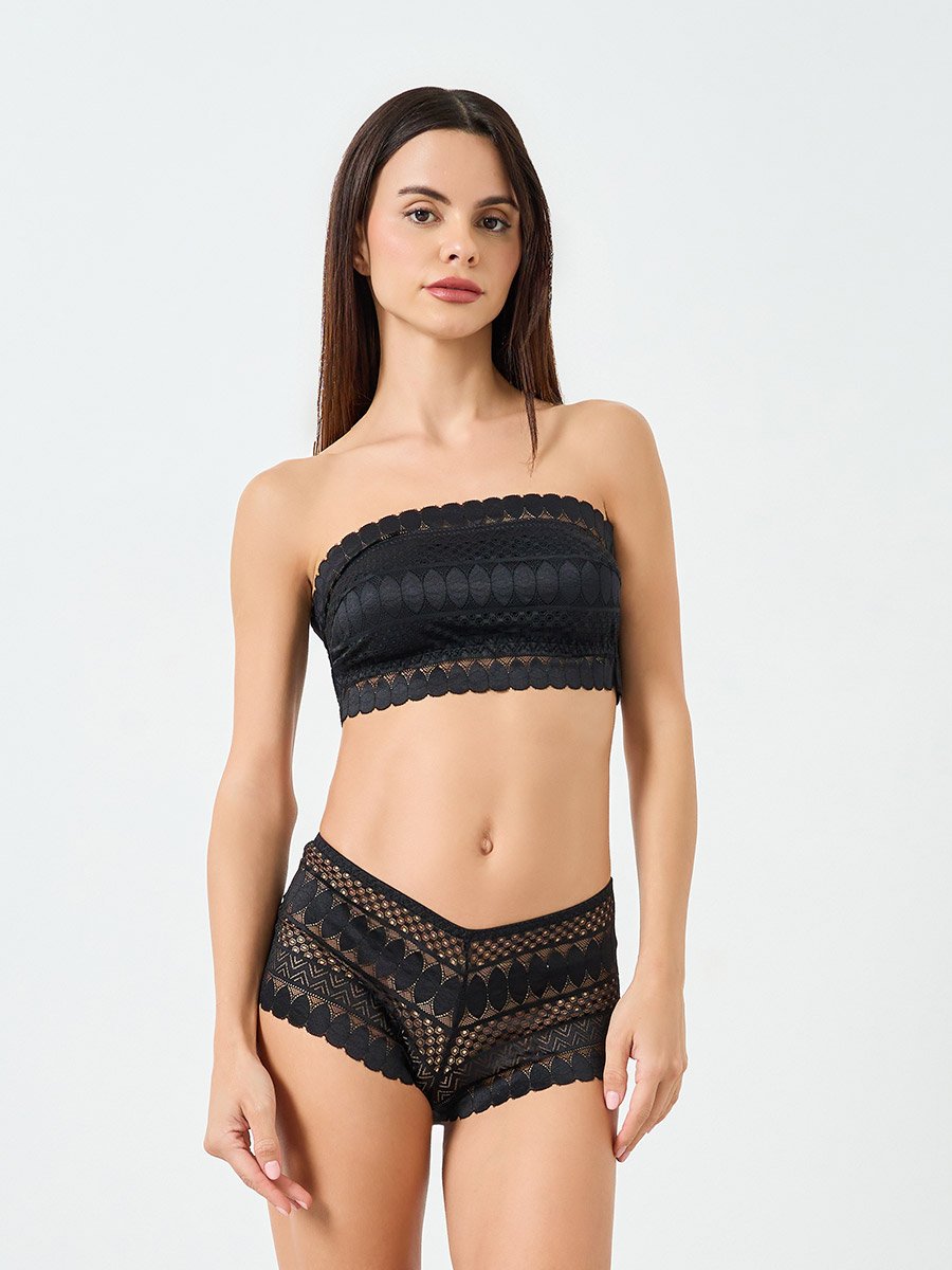 Solid Lace Strapless Non-wired Bra with Briefs Lingerie Set