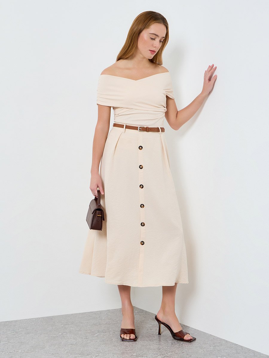 Women Solid Button Front Detail A-Line Skirt