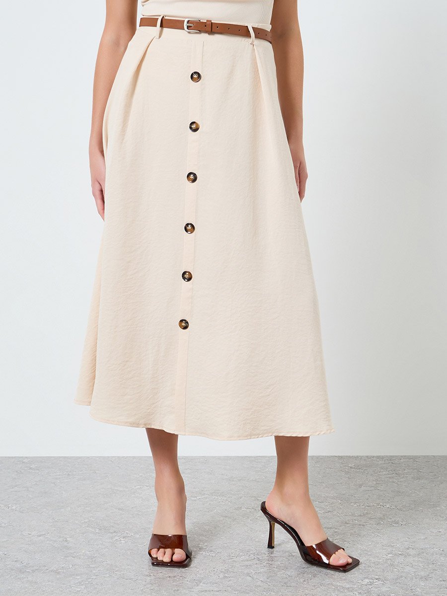 Women Solid Button Front Detail A-Line Skirt