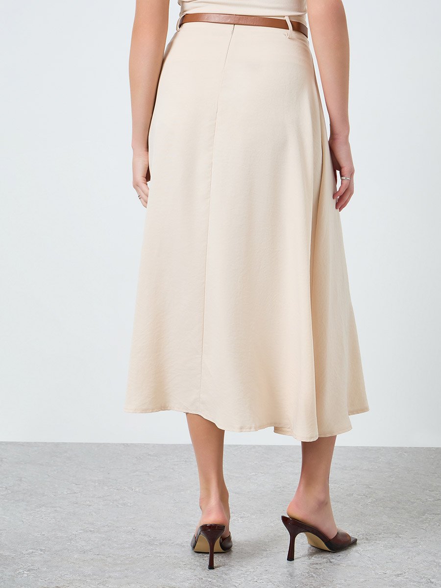 Women Solid Button Front Detail A-Line Skirt