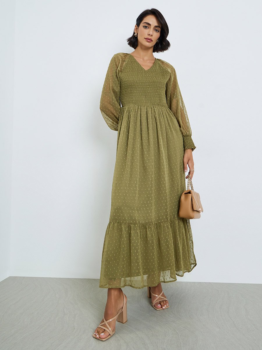 Green V Neck Dobby Maxi Dress