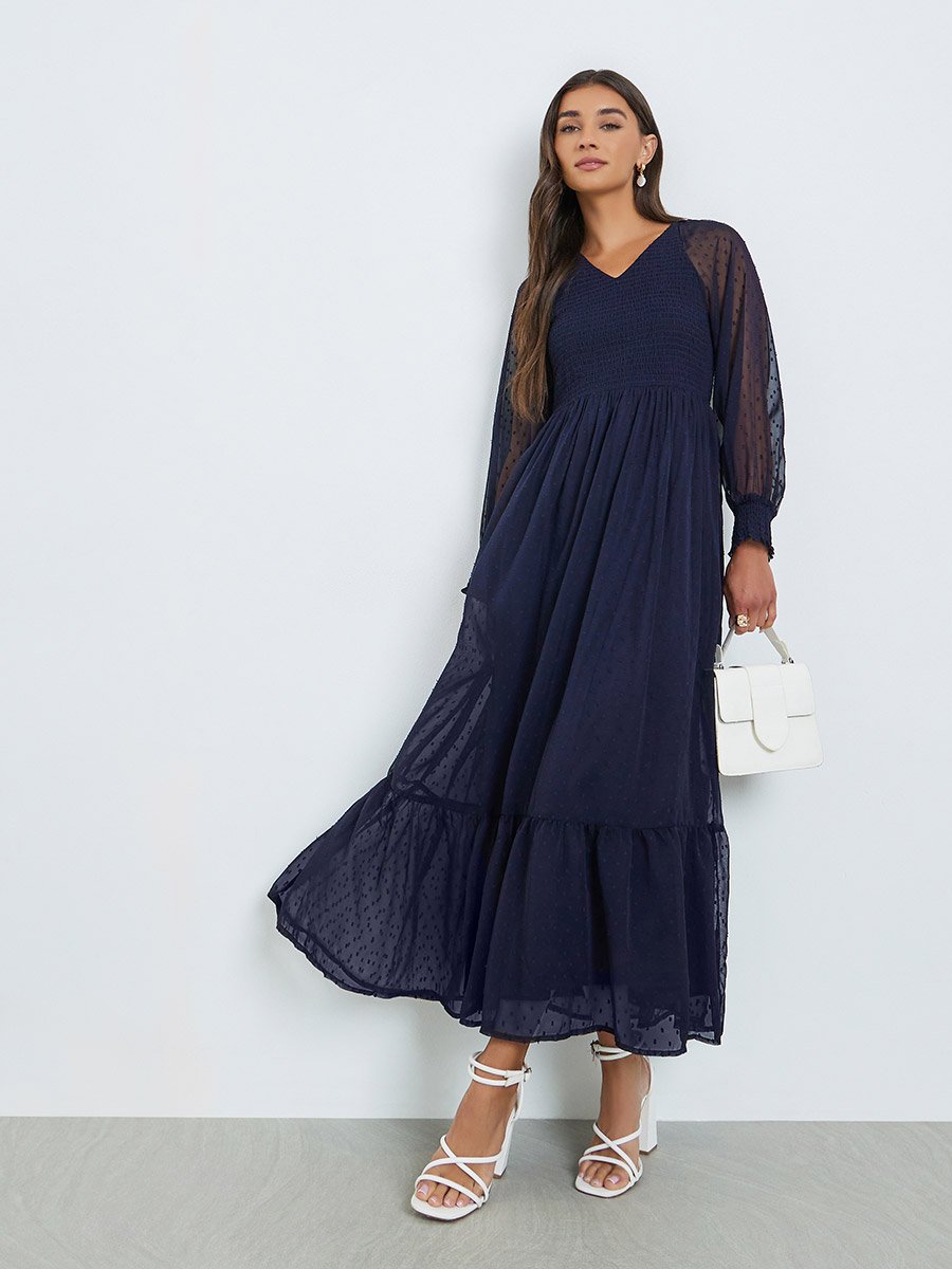 Women Dobby Sheer Sleeve Maxi Dress