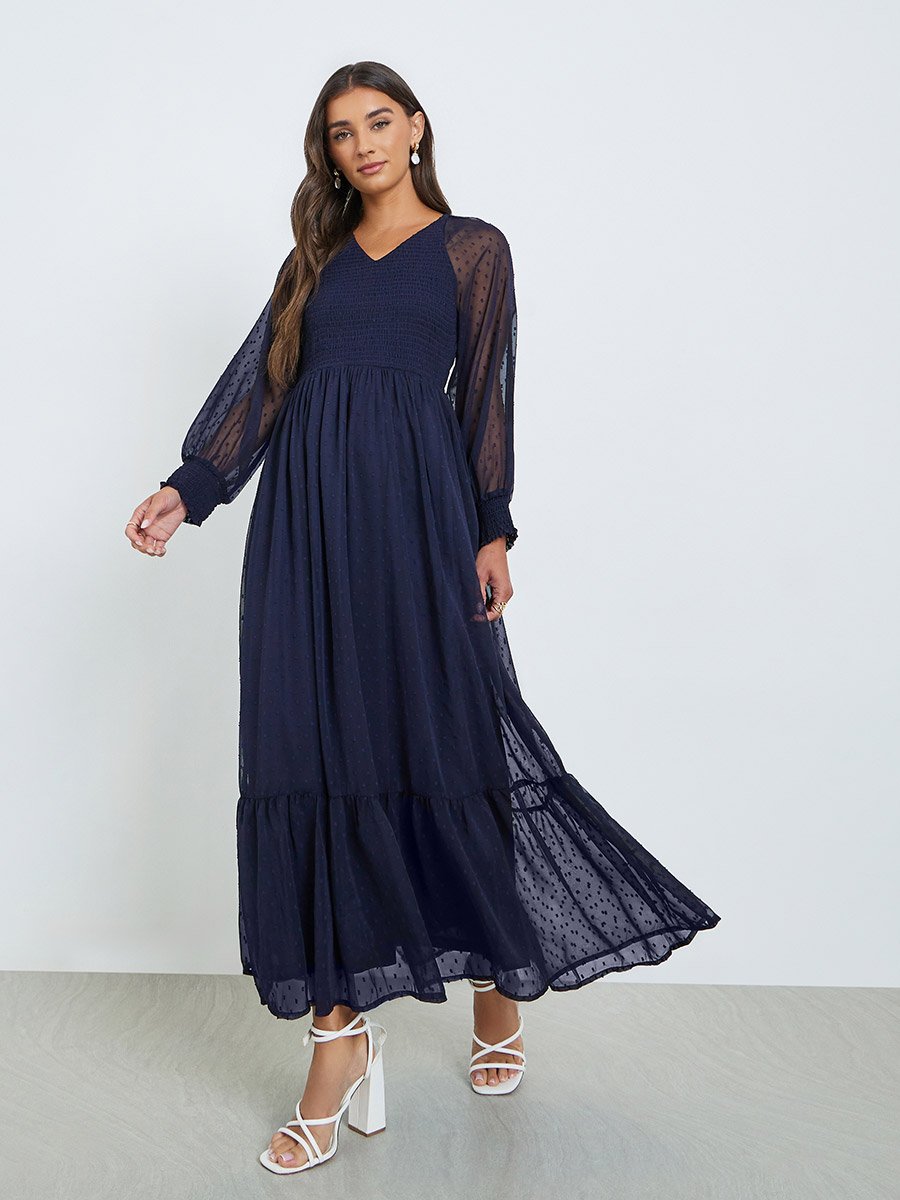 Women Dobby Sheer Sleeve Maxi Dress