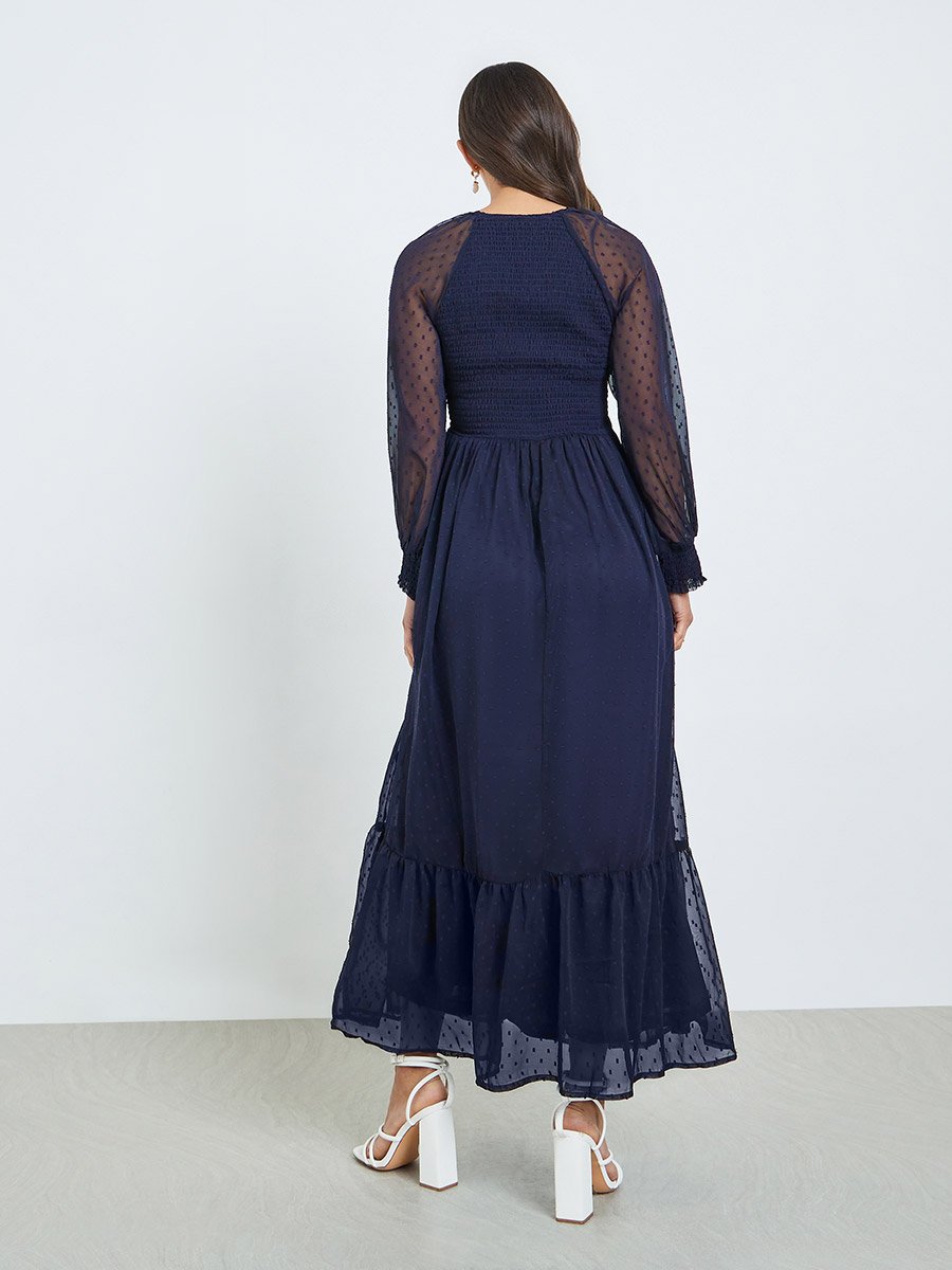 Women Dobby Sheer Sleeve Maxi Dress