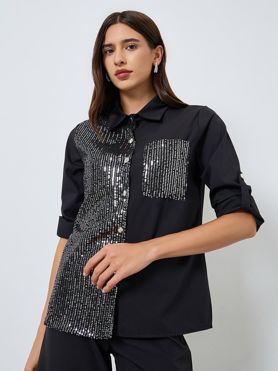 Black Sequin Panel Shirt with Pocket