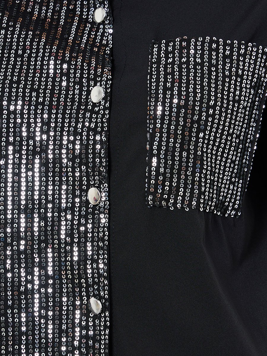 Black Sequin Panel Shirt with Pocket