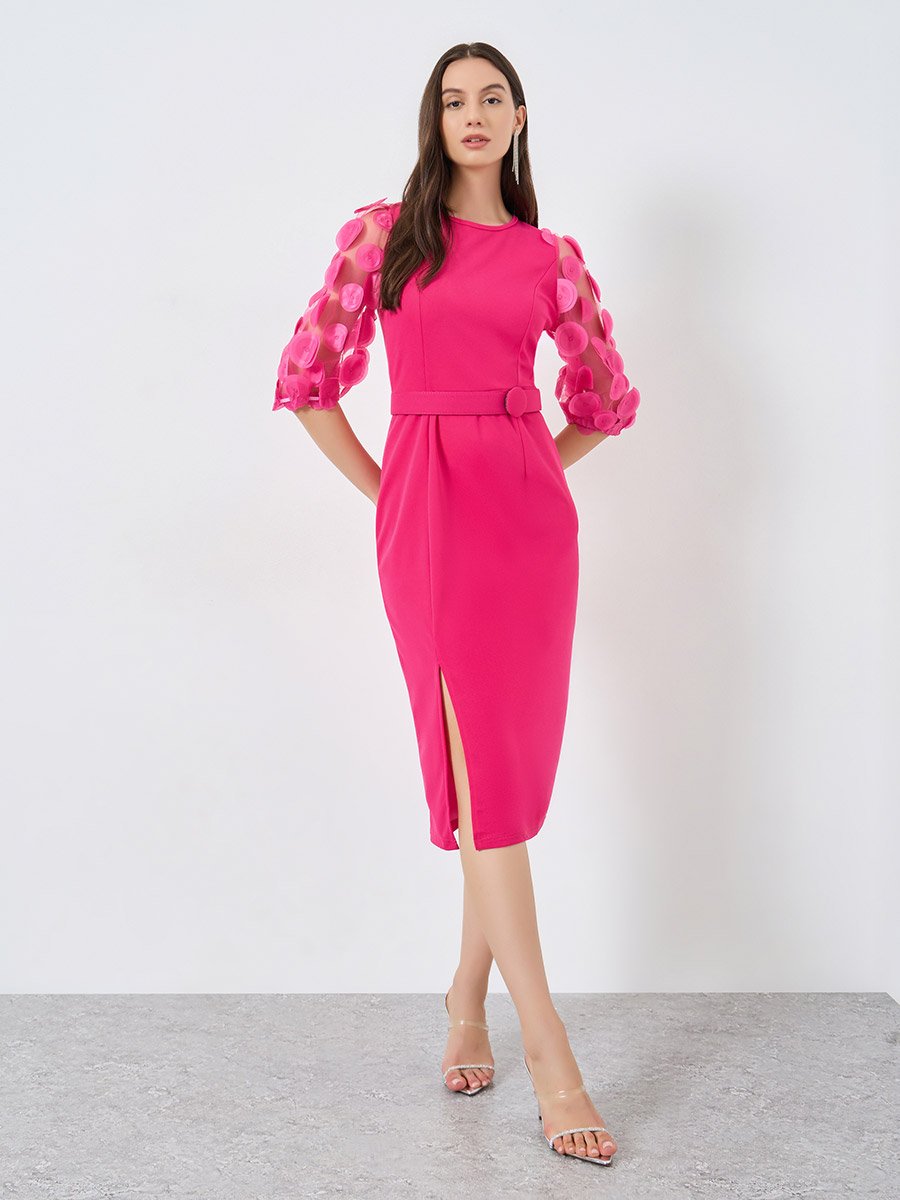 Dark Pink Midi Bodycon Dress with 3/4 Sleeves For Women at Bahrain | Styli