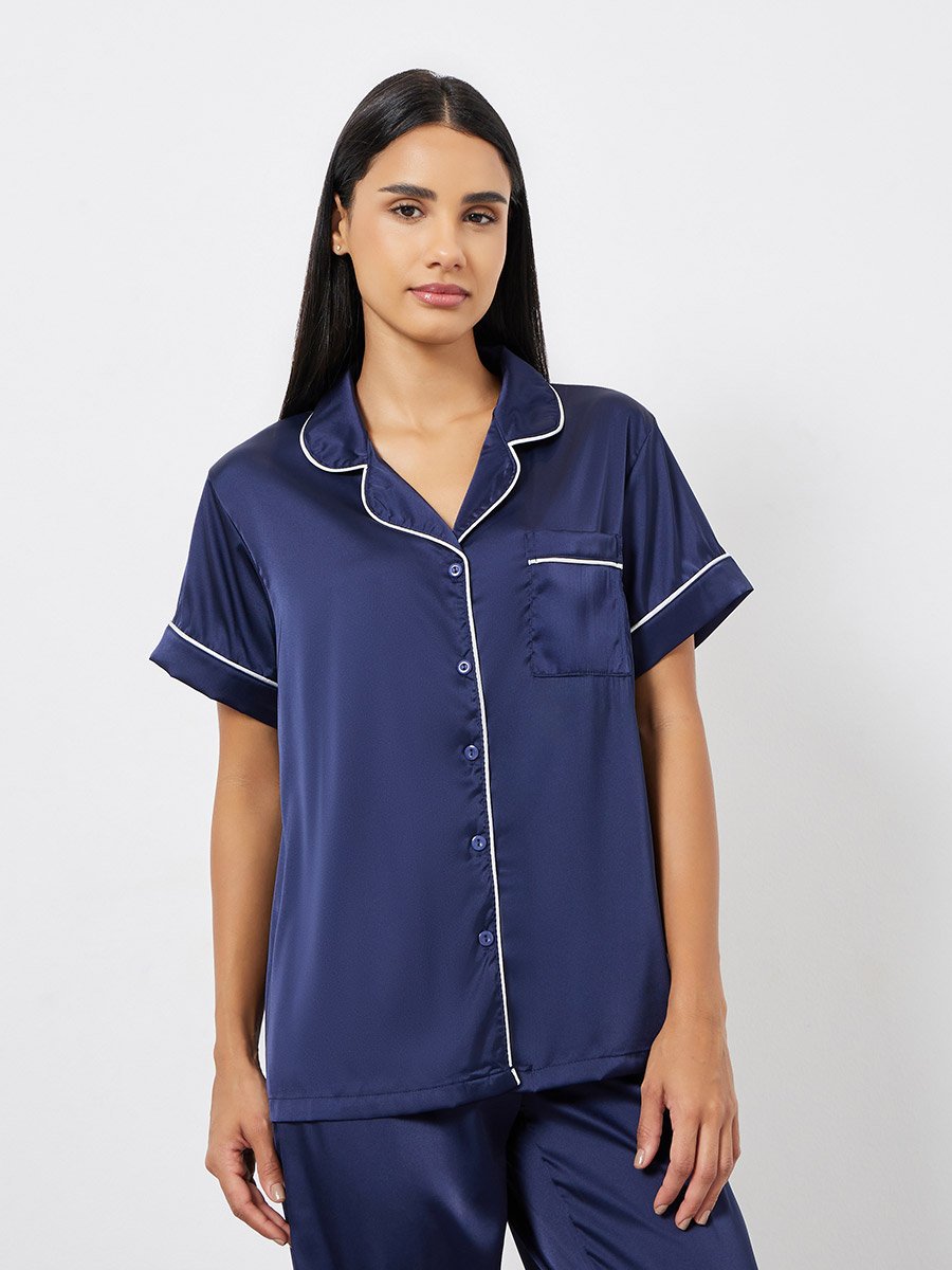 Satin Piped Pocket Shirt and Pyjama Set