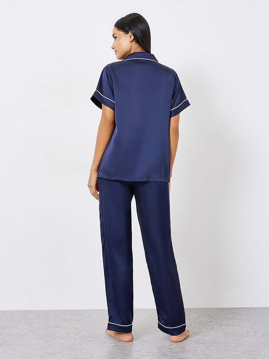 Satin Piped Pocket Shirt and Pyjama Set