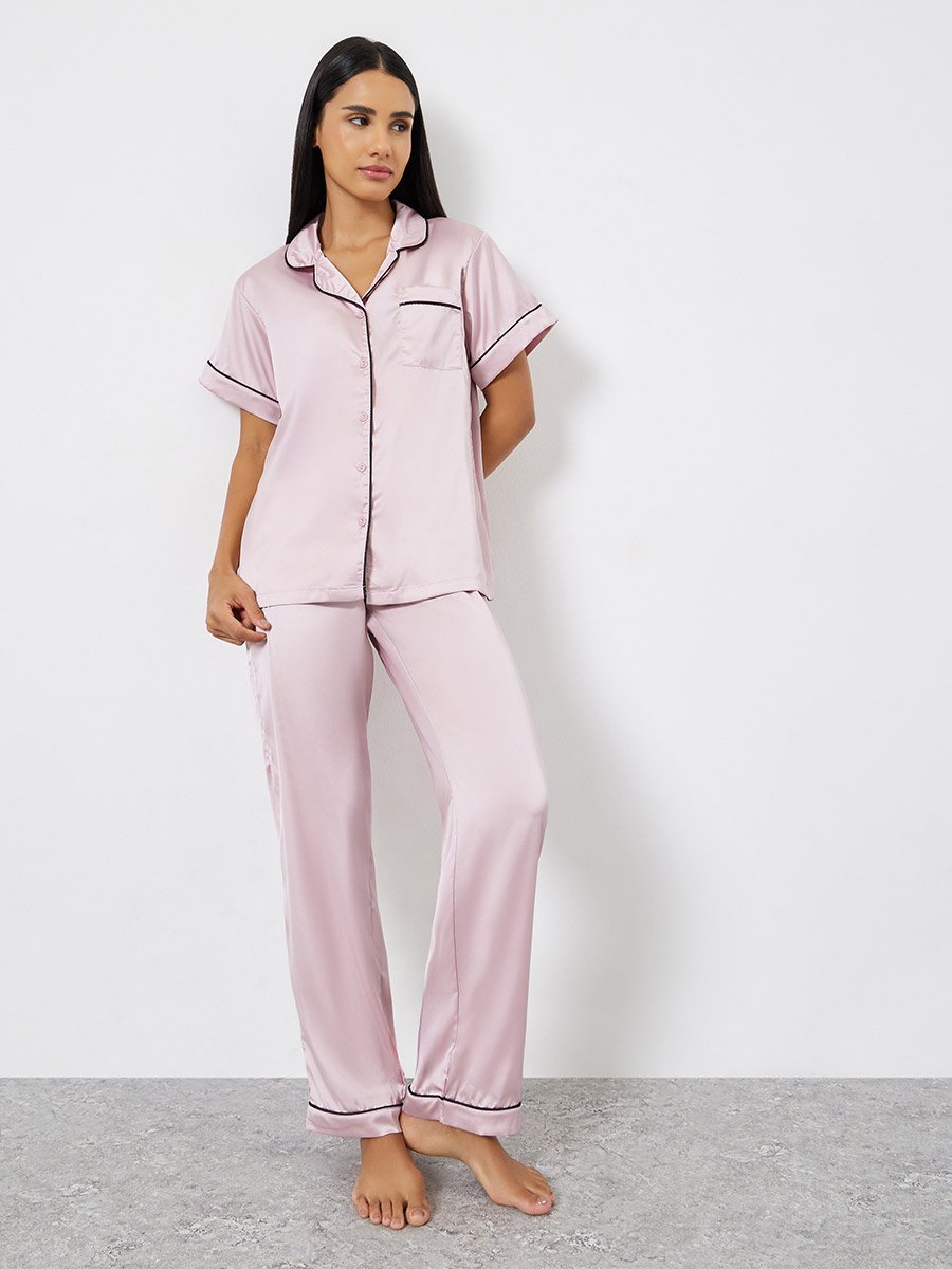Satin Piped Pocket Shirt and Pyjama Set