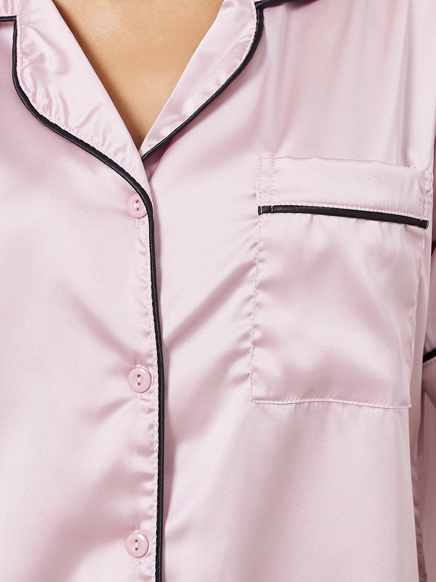 Satin Piped Pocket Shirt and Pyjama Set