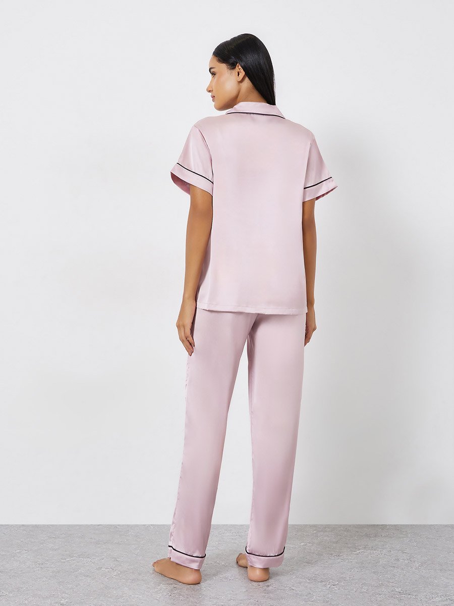 Satin Piped Pocket Shirt and Pyjama Set