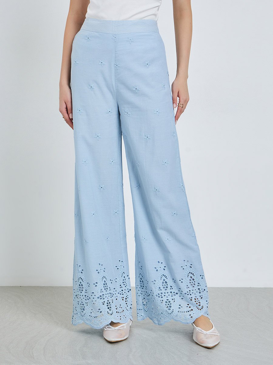 Women Blue Schiffli Wide Leg Pants