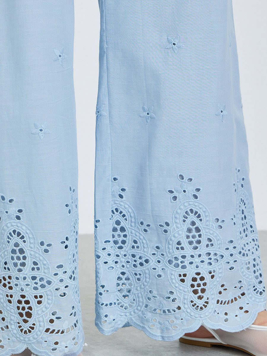 Women Blue Schiffli Wide Leg Pants