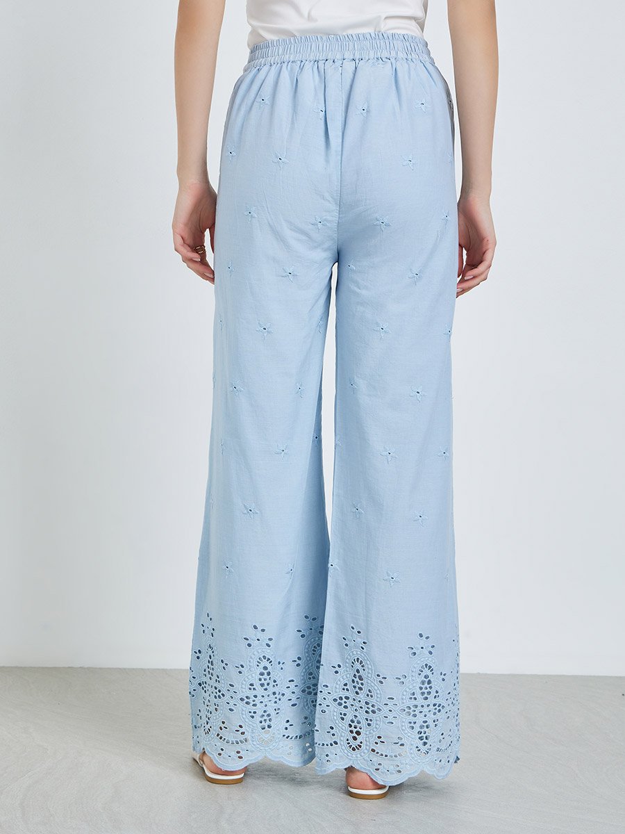 Women Blue Schiffli Wide Leg Pants