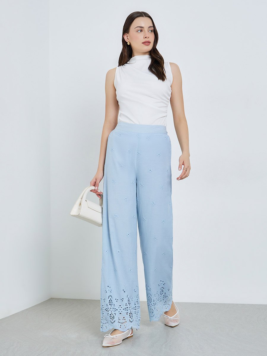 Women Blue Schiffli Wide Leg Pants