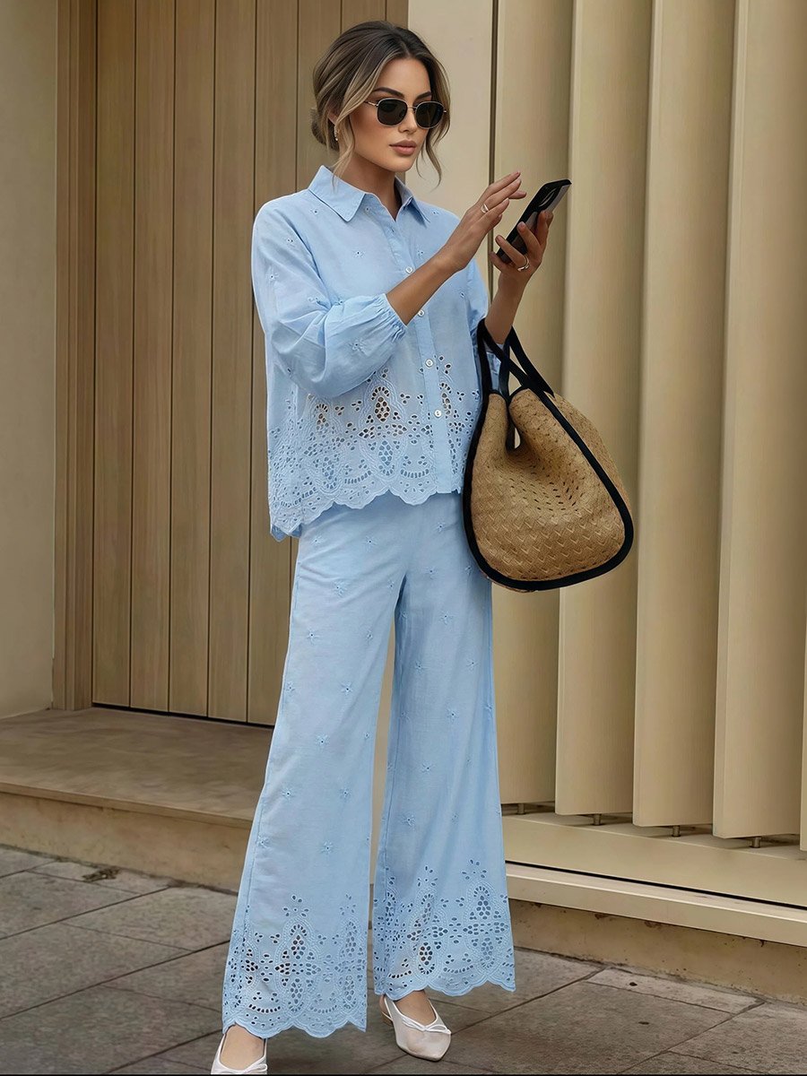 Women Blue Schiffli Wide Leg Pants