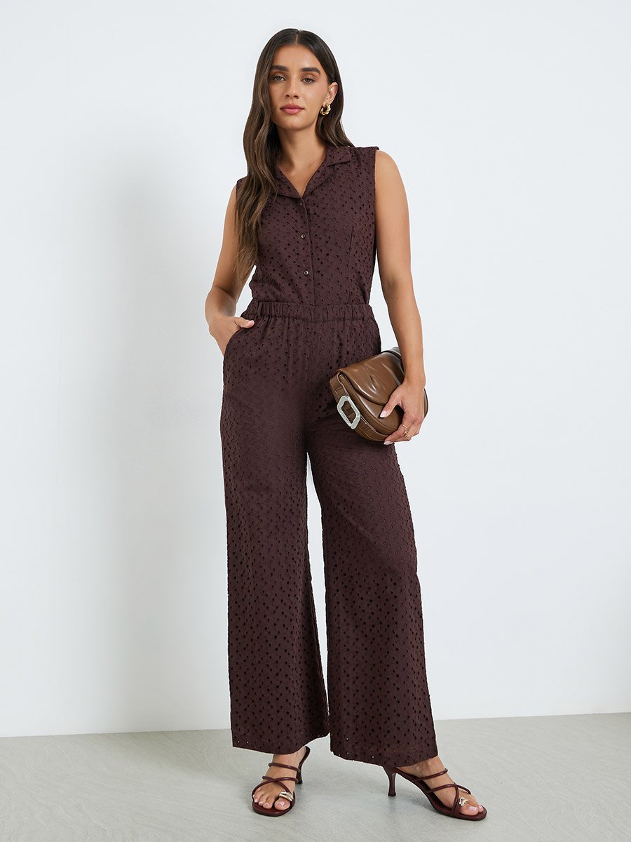 Women Brown Wide leg Cotton Schiffli Trousers