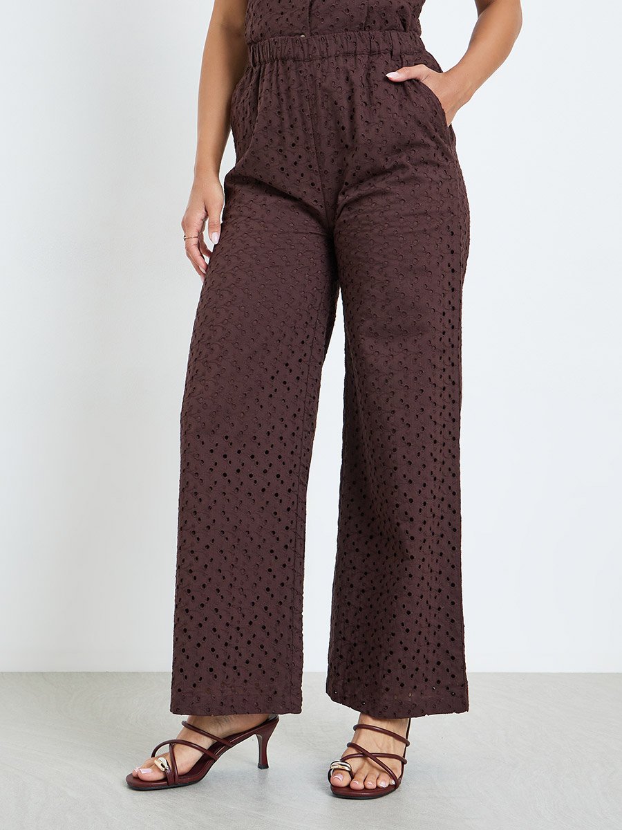 Women Brown Wide leg Cotton Schiffli Trousers