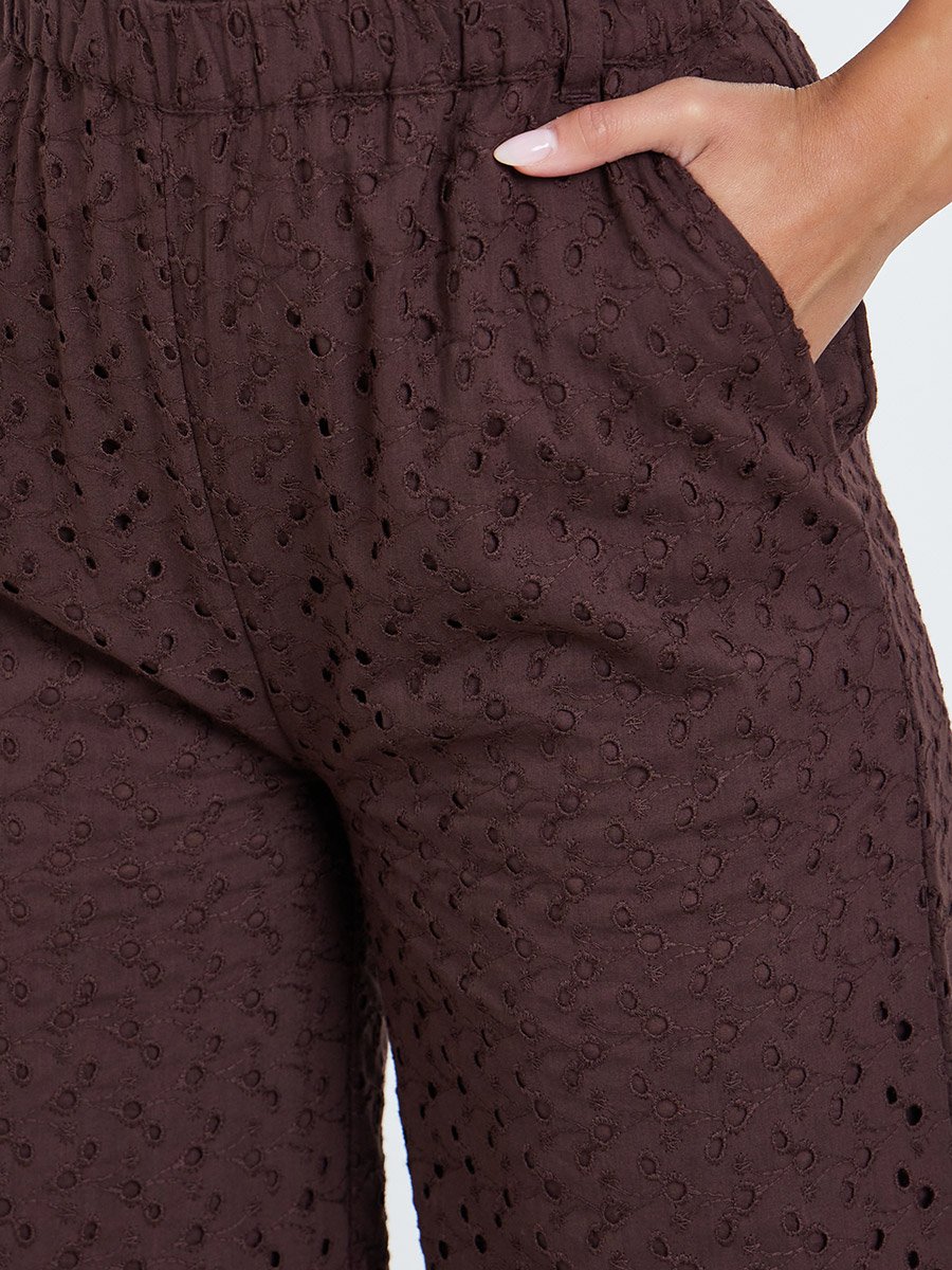 Women Brown Wide leg Cotton Schiffli Trousers