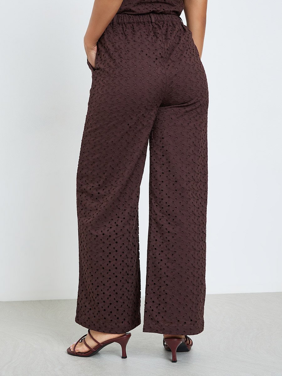 Women Brown Wide leg Cotton Schiffli Trousers