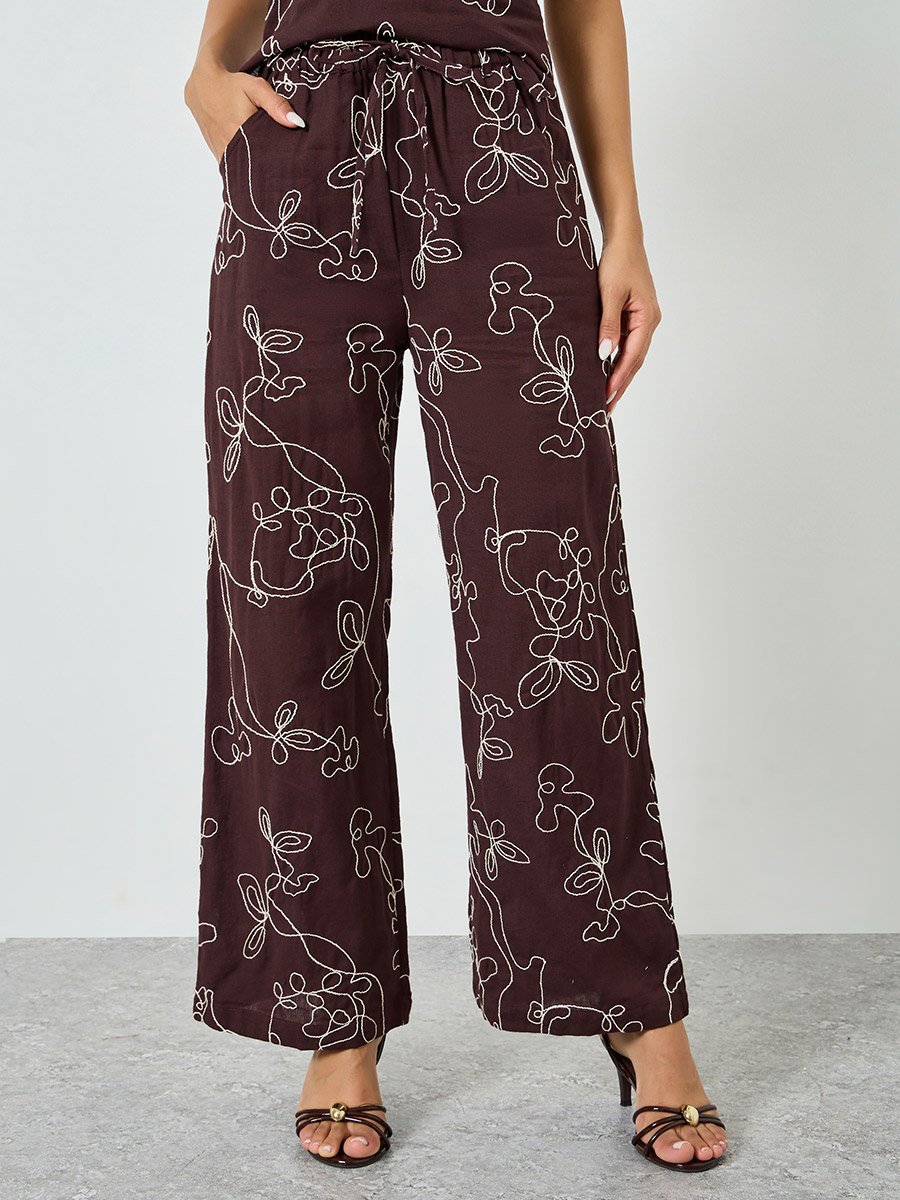 Brown Embroidered Wide Leg Pants