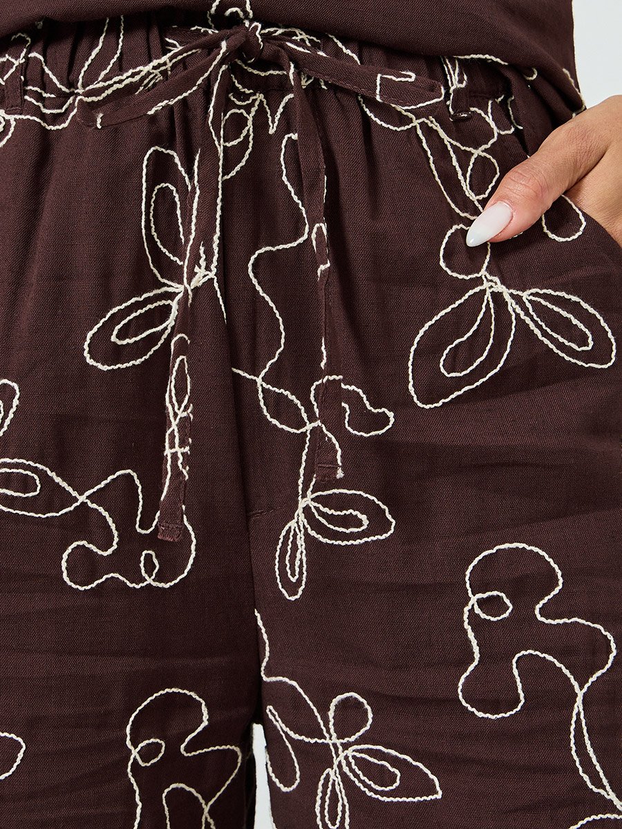 Brown Embroidered Wide Leg Pants