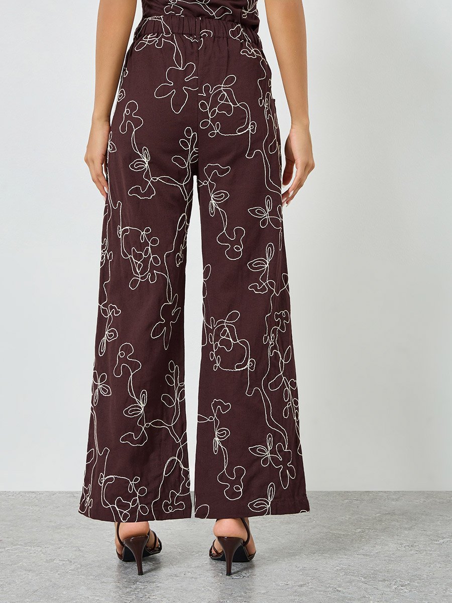 Brown Embroidered Wide Leg Pants