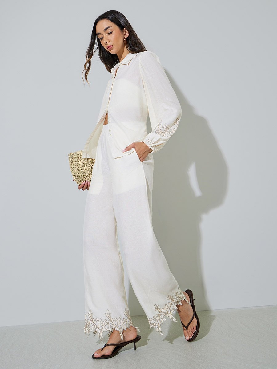 Off White Embroidered Hem Straight Leg Pants