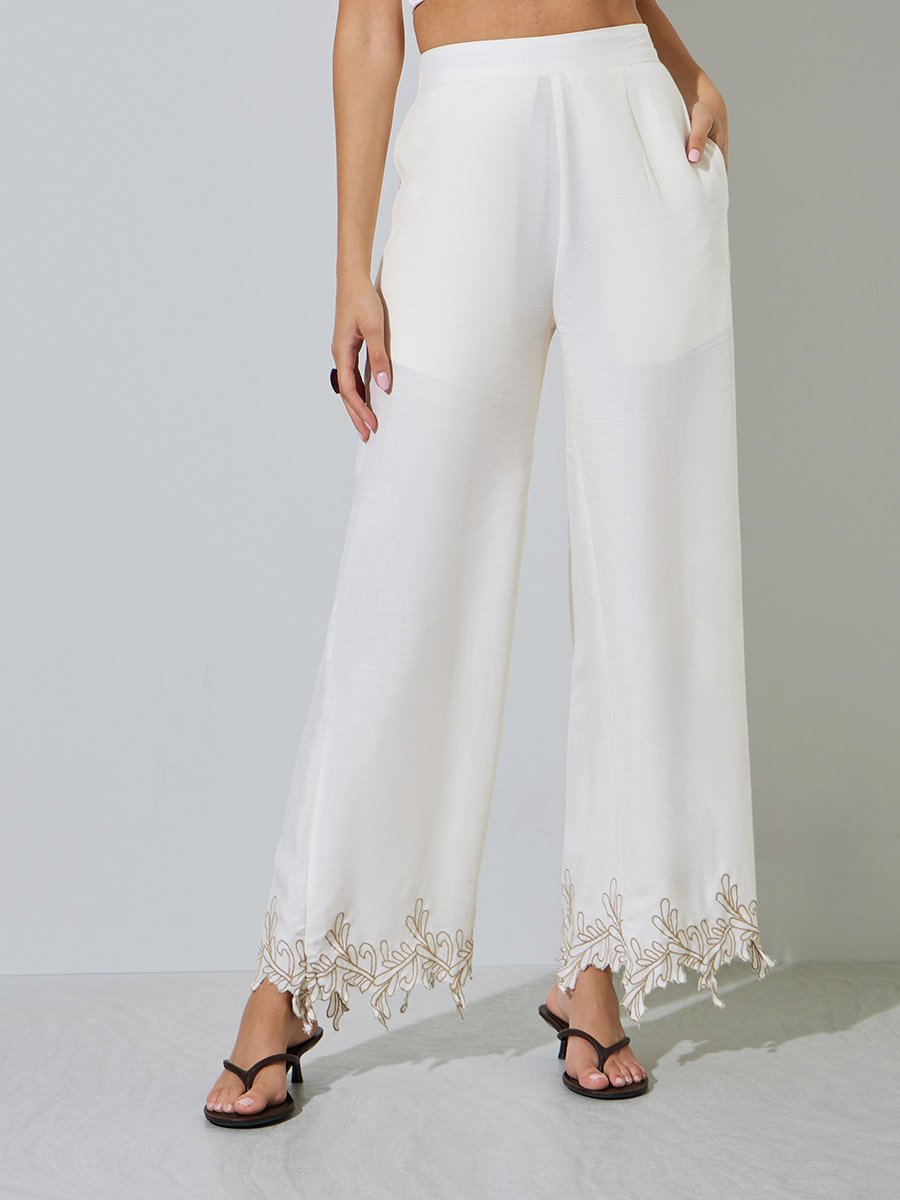 Off White Embroidered Hem Straight Leg Pants