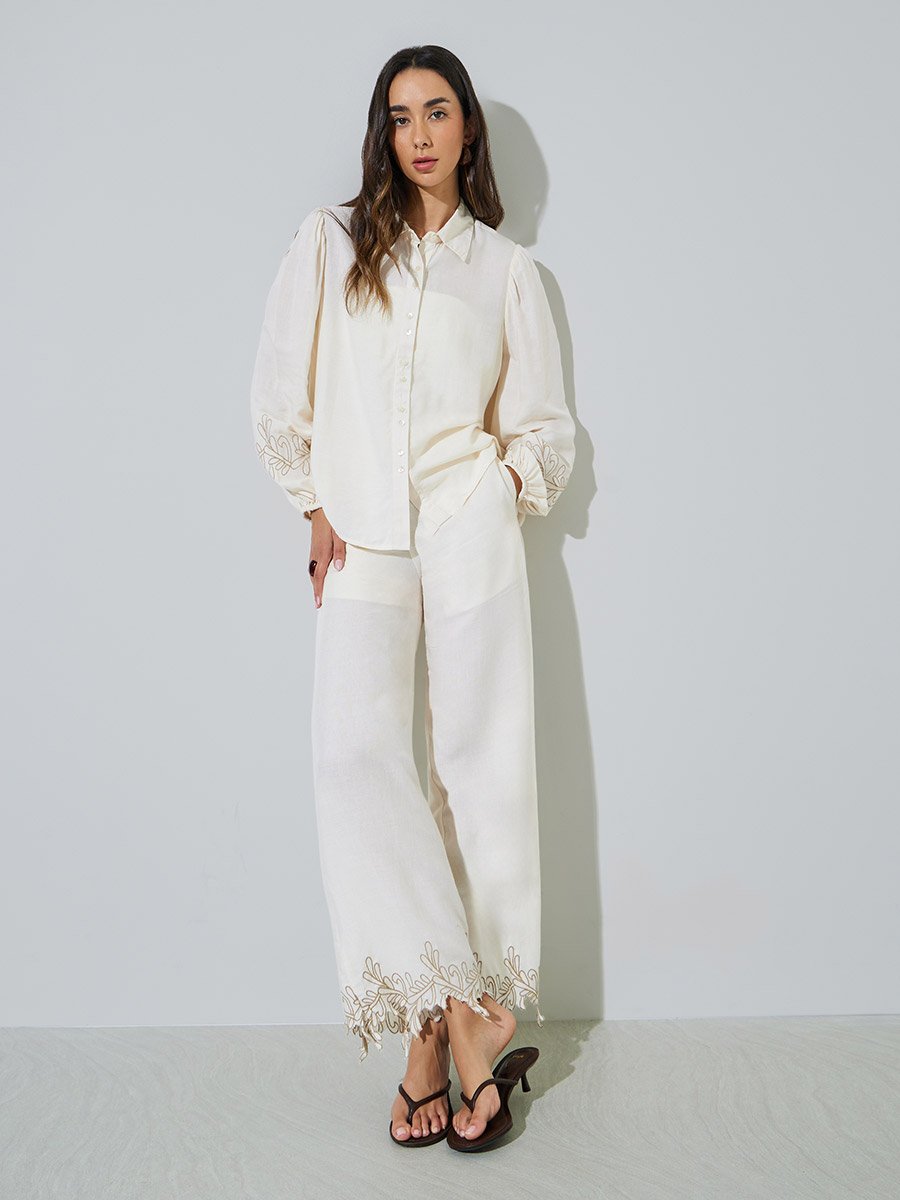 Off White Embroidered Hem Straight Leg Pants
