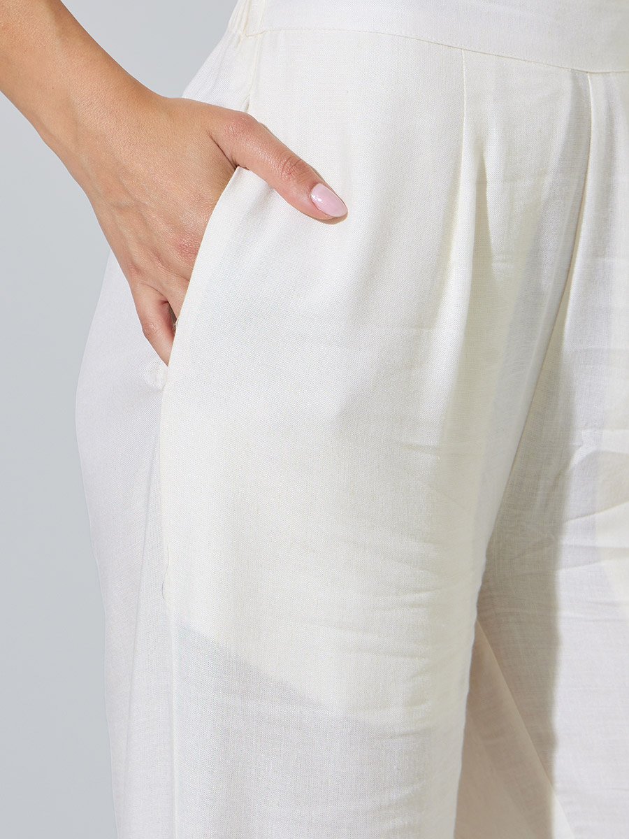 Off White Embroidered Hem Straight Leg Pants