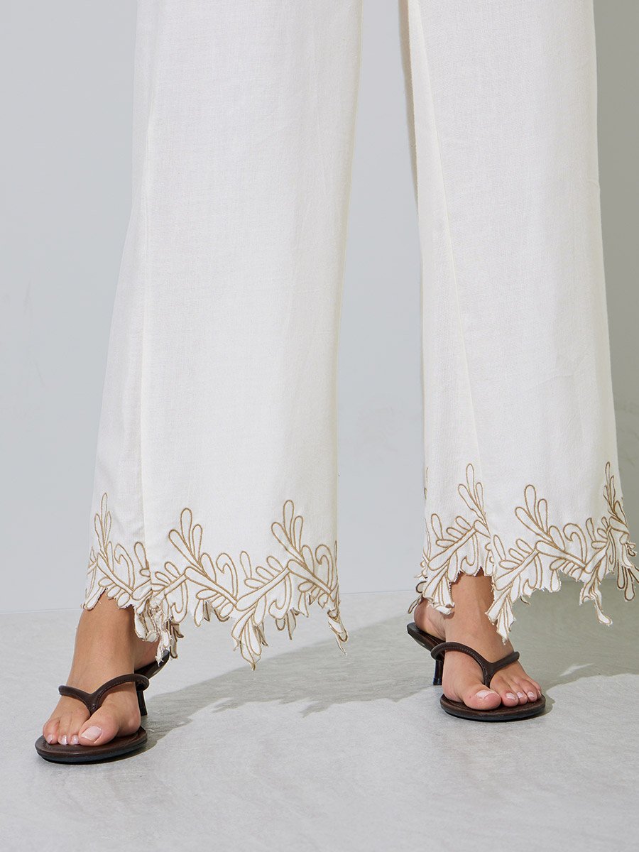 Off White Embroidered Hem Straight Leg Pants