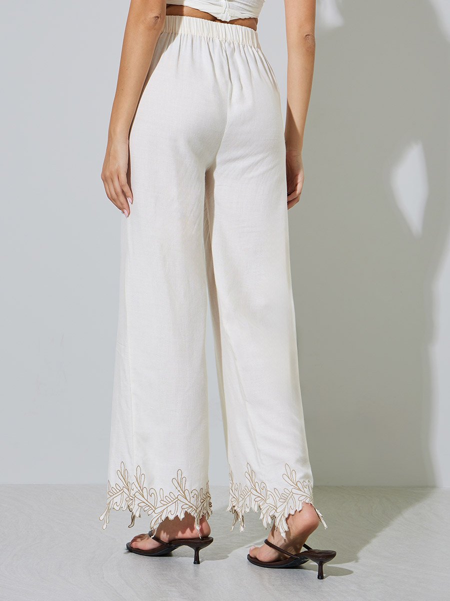 Off White Embroidered Hem Straight Leg Pants