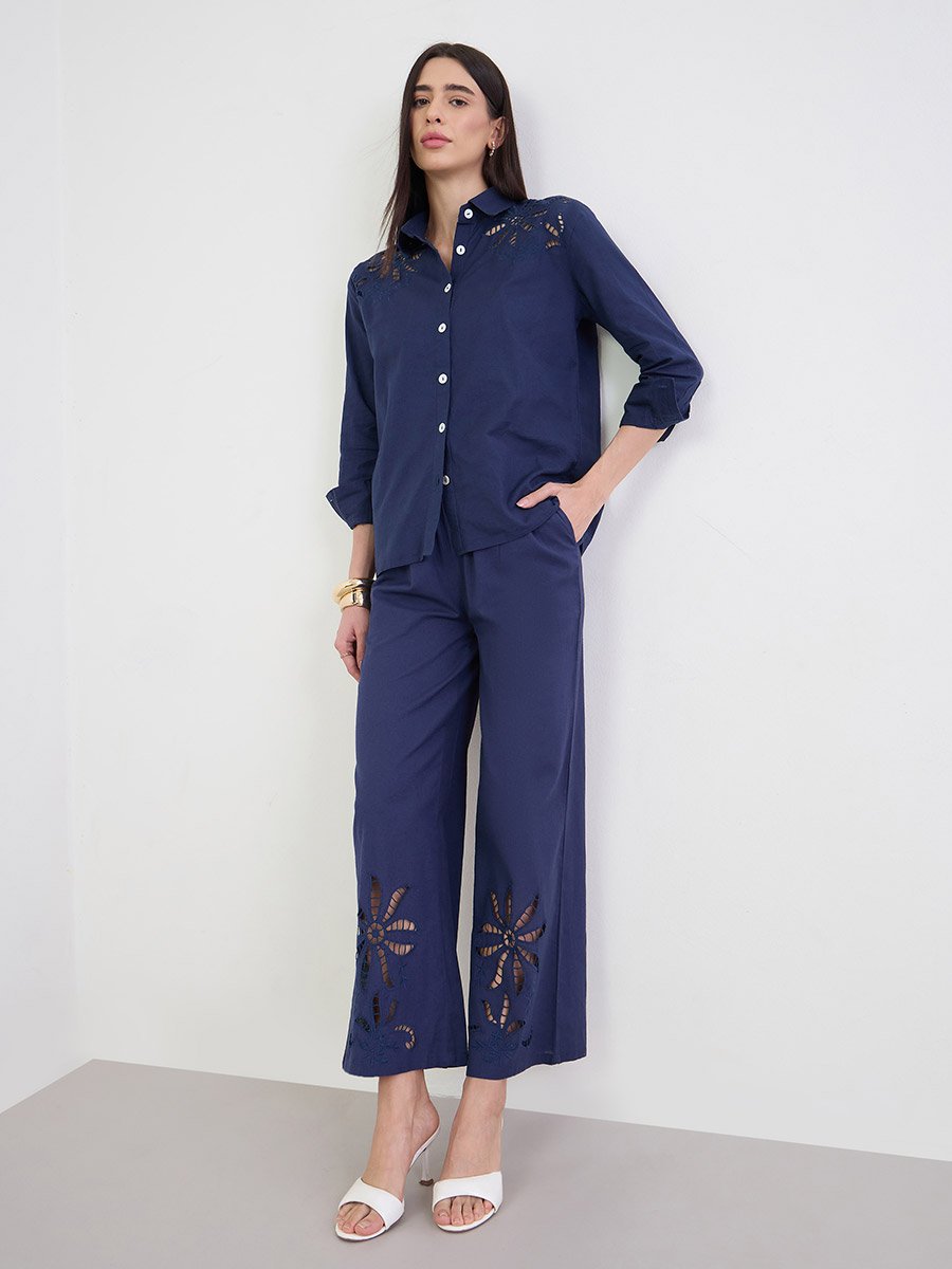Navy Blue Wide Leg Cotton Schiffli Pants With Elasticated Waist
