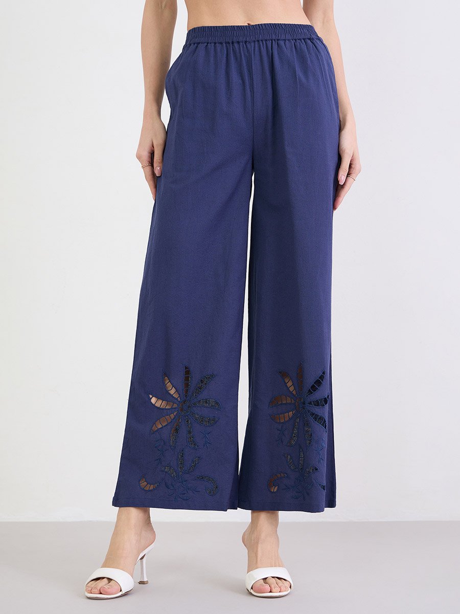 Navy Blue Wide Leg Cotton Schiffli Pants With Elasticated Waist
