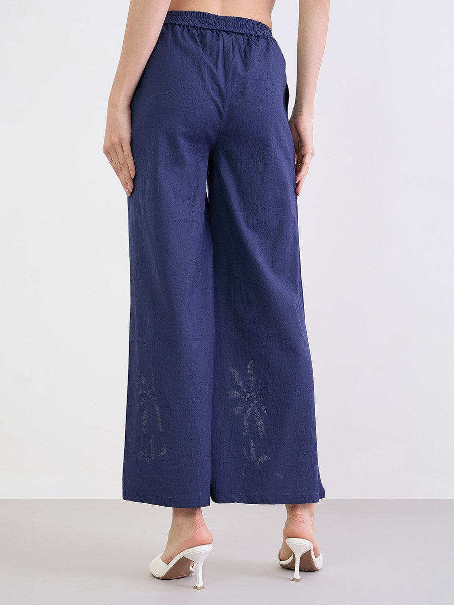 Navy Blue Wide Leg Cotton Schiffli Pants With Elasticated Waist