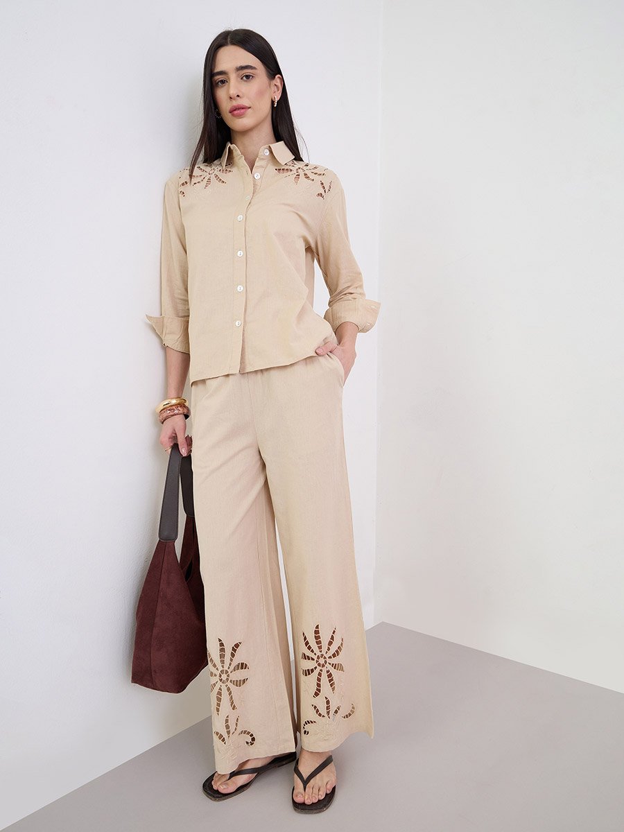 Beige Schiffli Detail Wide Leg Pants