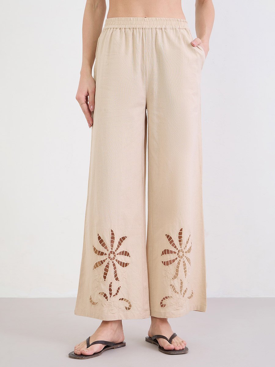 Beige Schiffli Detail Wide Leg Pants
