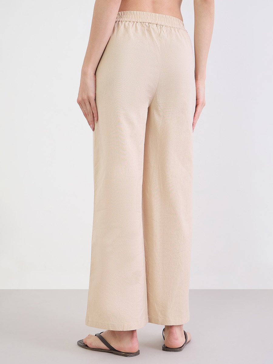 Beige Schiffli Detail Wide Leg Pants
