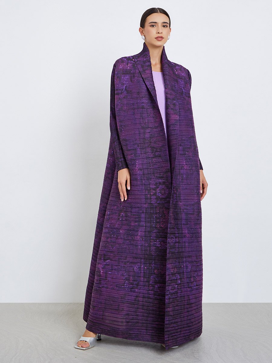 Solid Textured Pleated Belted Long Sleeve Abaya