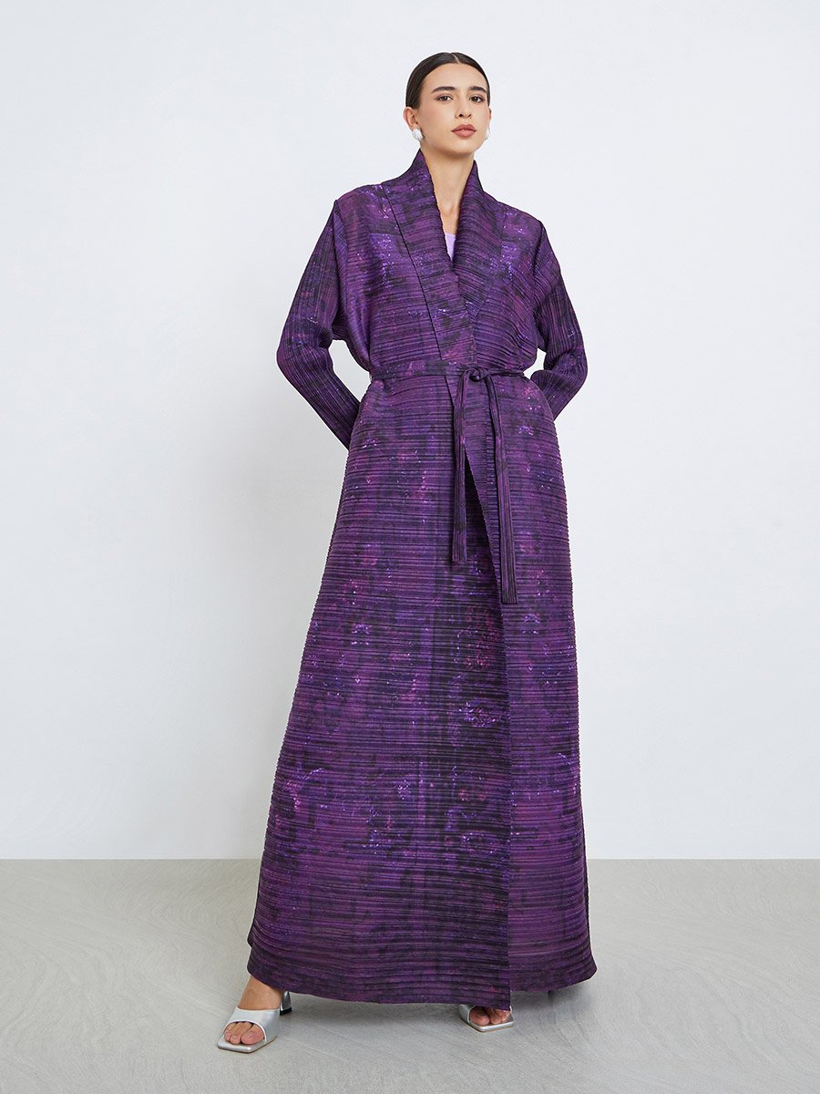 Solid Textured Pleated Belted Long Sleeve Abaya