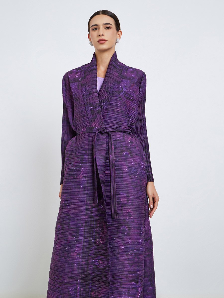 Solid Textured Pleated Belted Long Sleeve Abaya