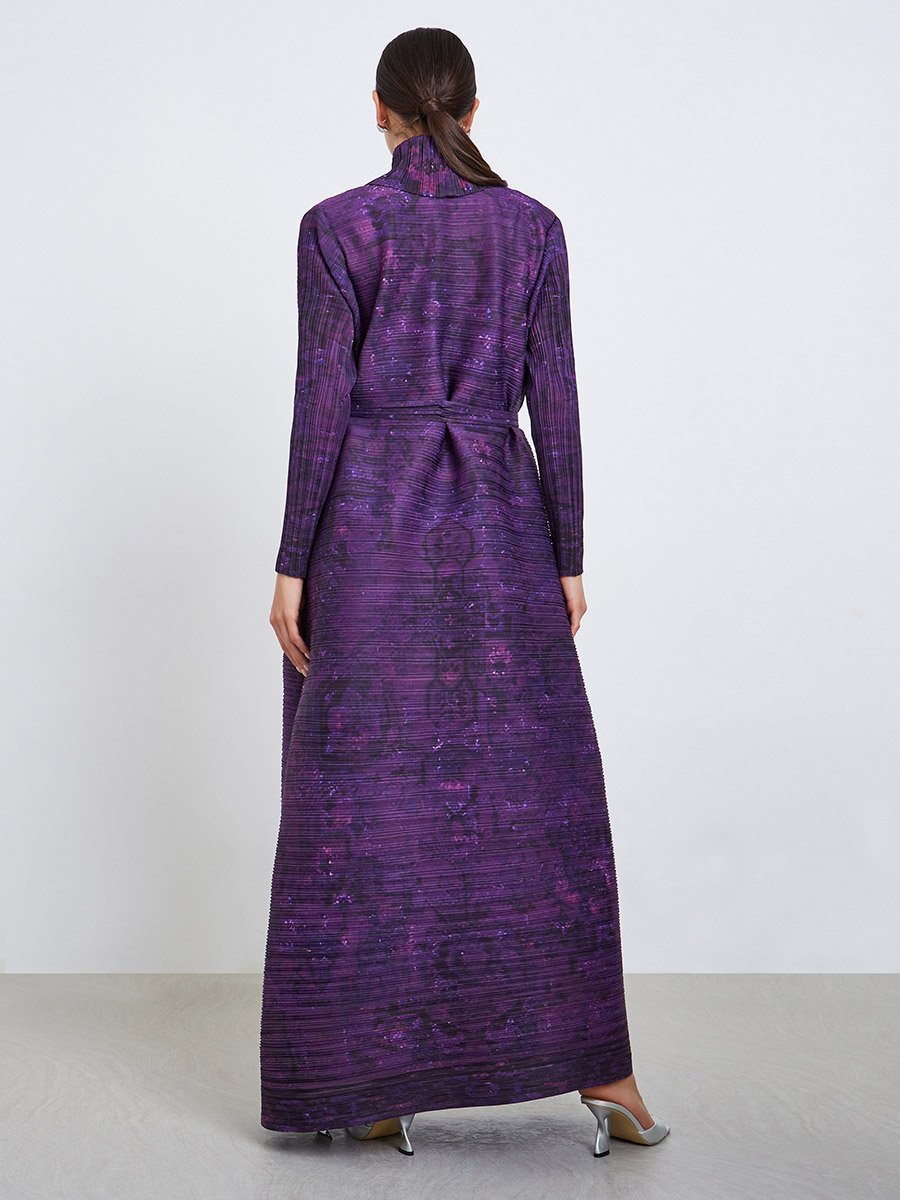 Solid Textured Pleated Belted Long Sleeve Abaya