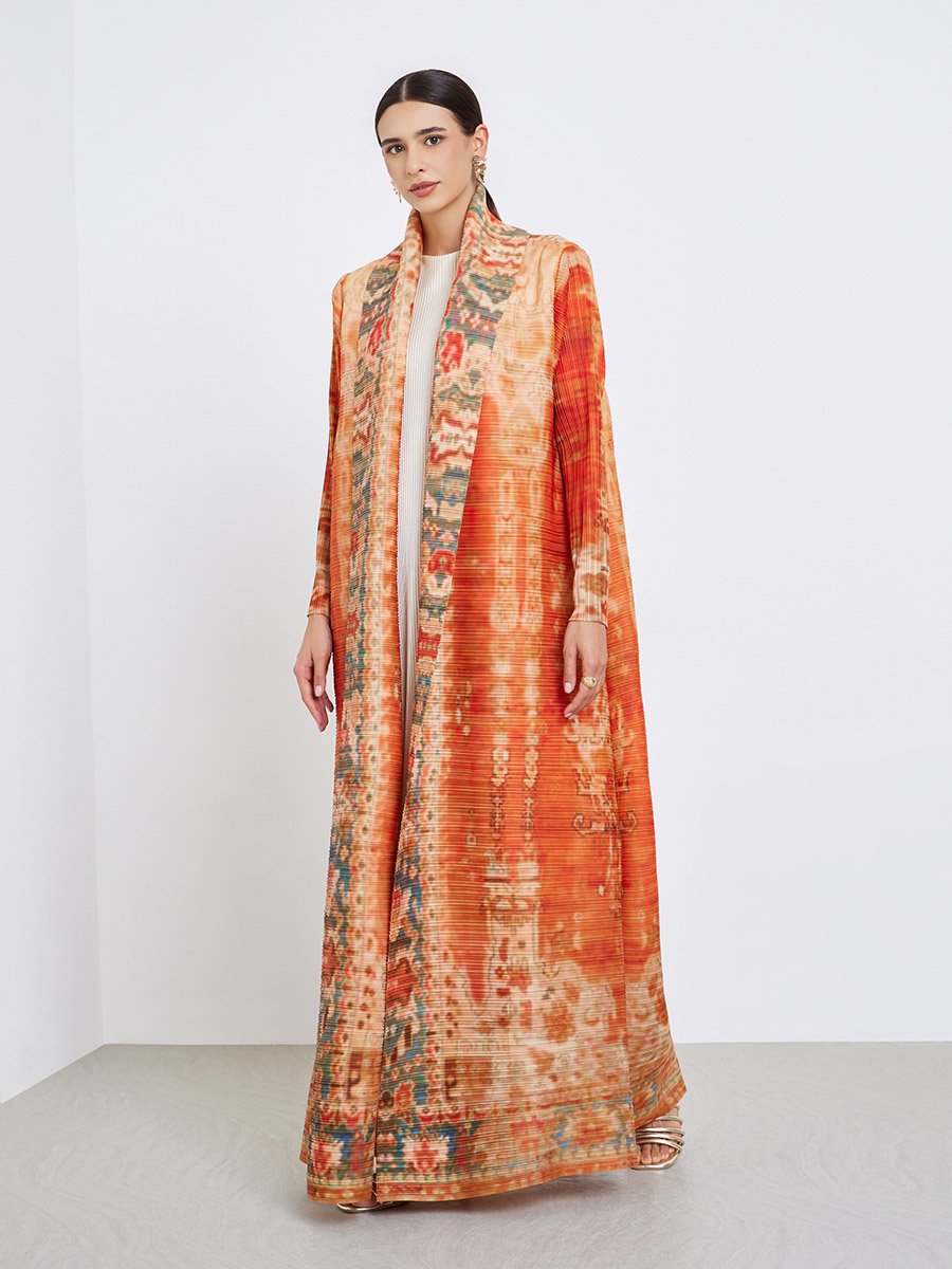 All-Over Printed Textured Pleated Long Sleeve Abaya
