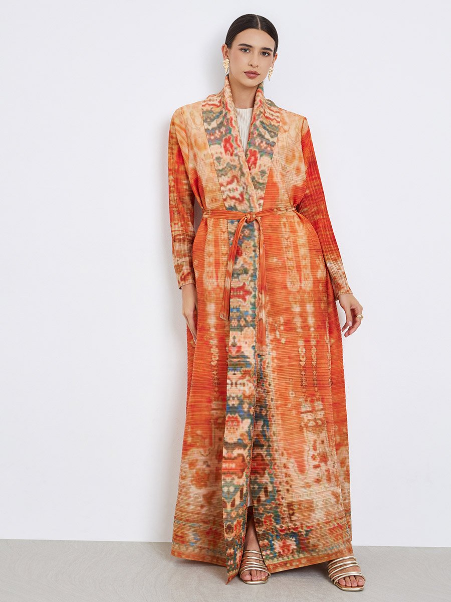 All-Over Printed Textured Pleated Long Sleeve Abaya
