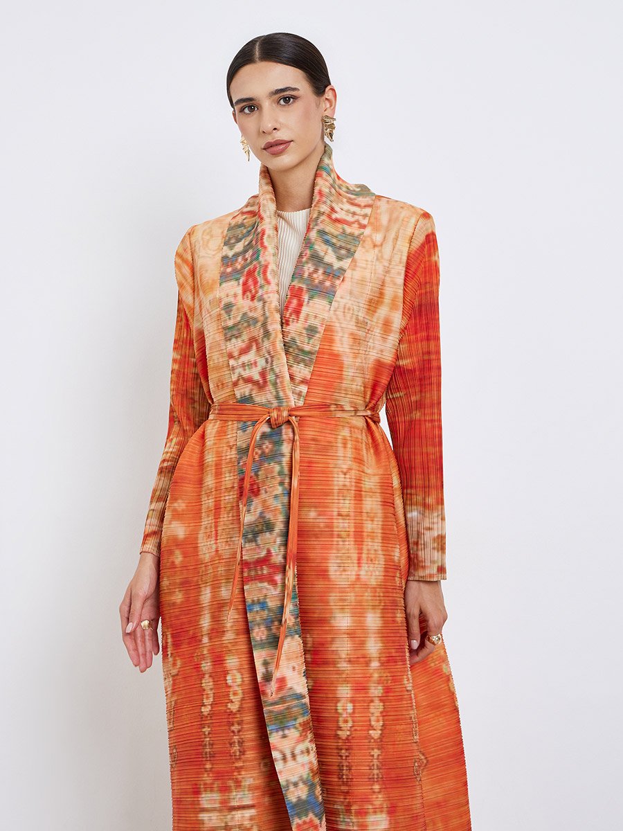 All-Over Printed Textured Pleated Long Sleeve Abaya