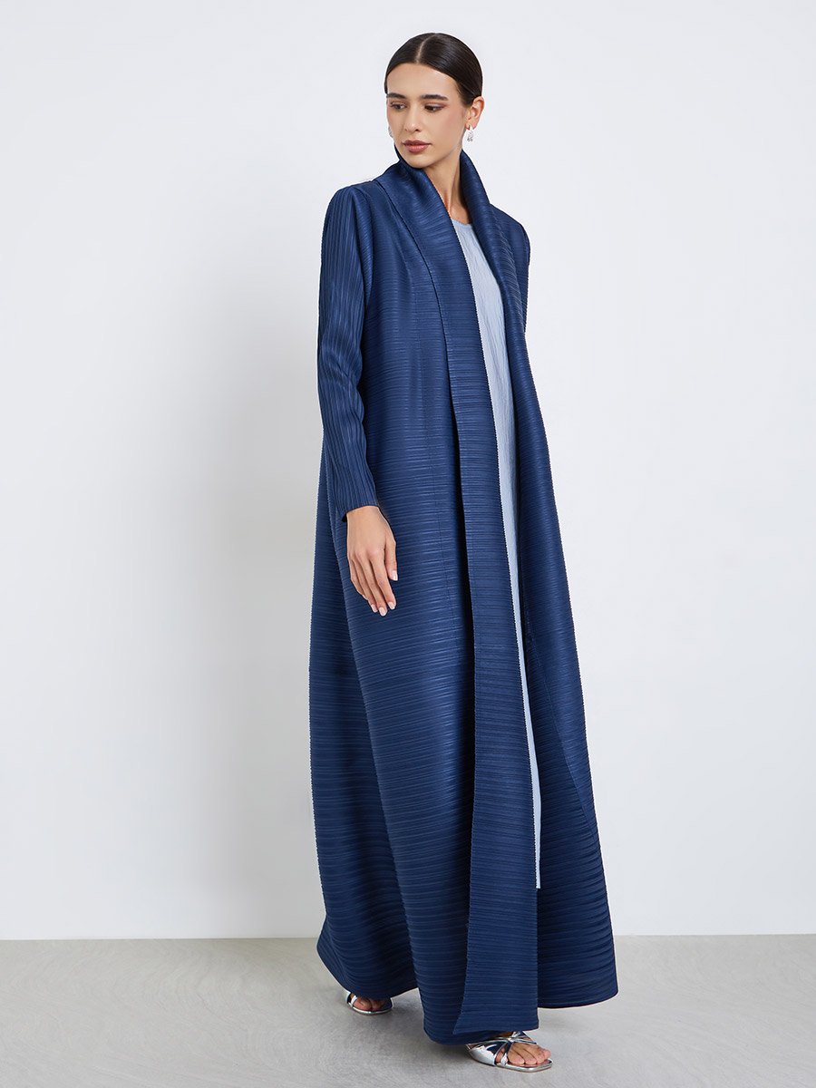 Solid Textured Pleated Belted Long Sleeve Abaya