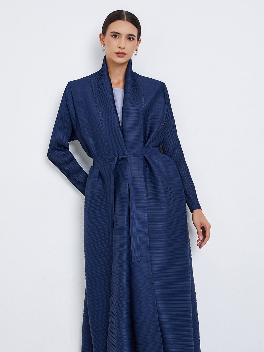 Solid Textured Pleated Belted Long Sleeve Abaya